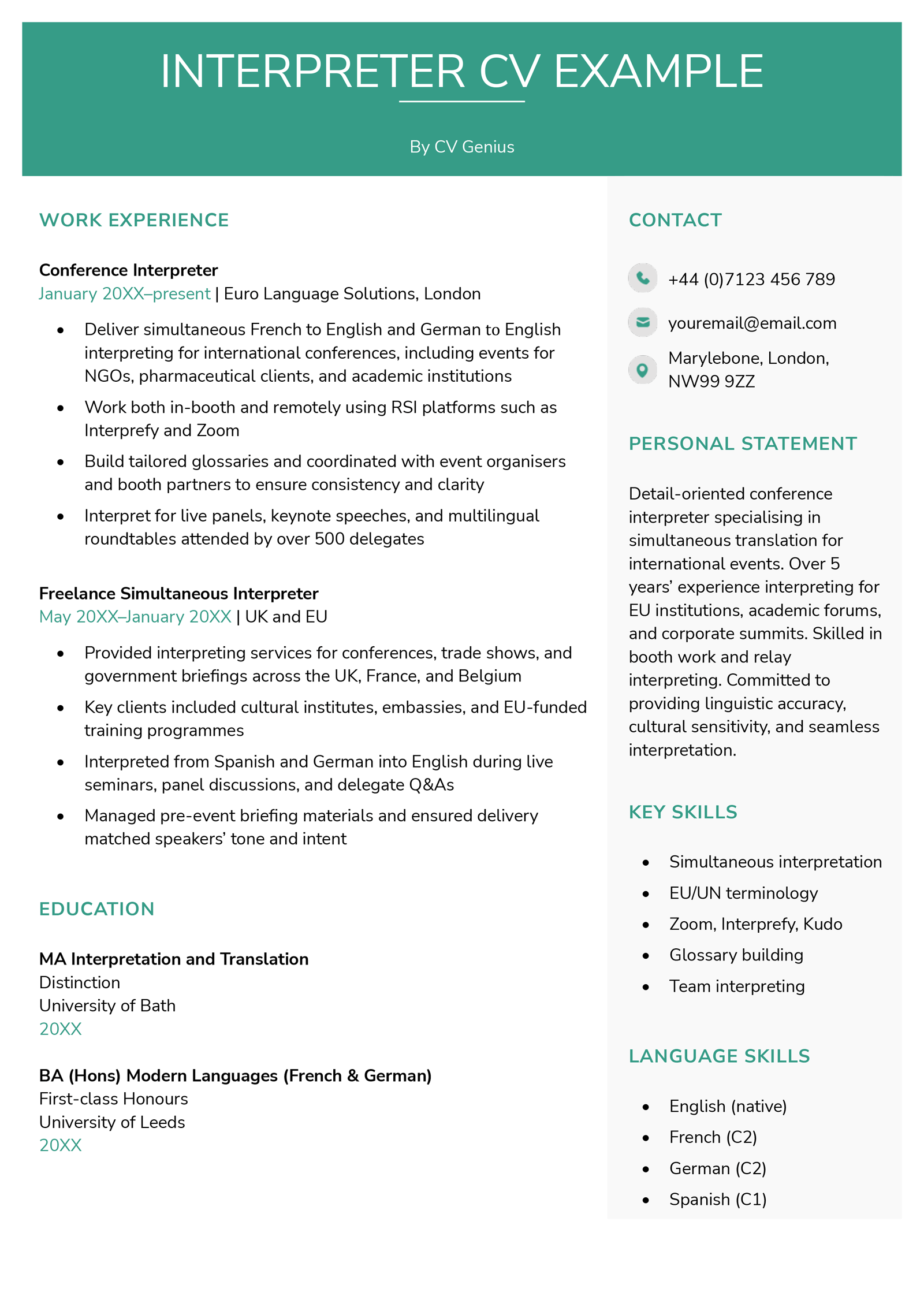 Language skills on a CV with a language skills section.
