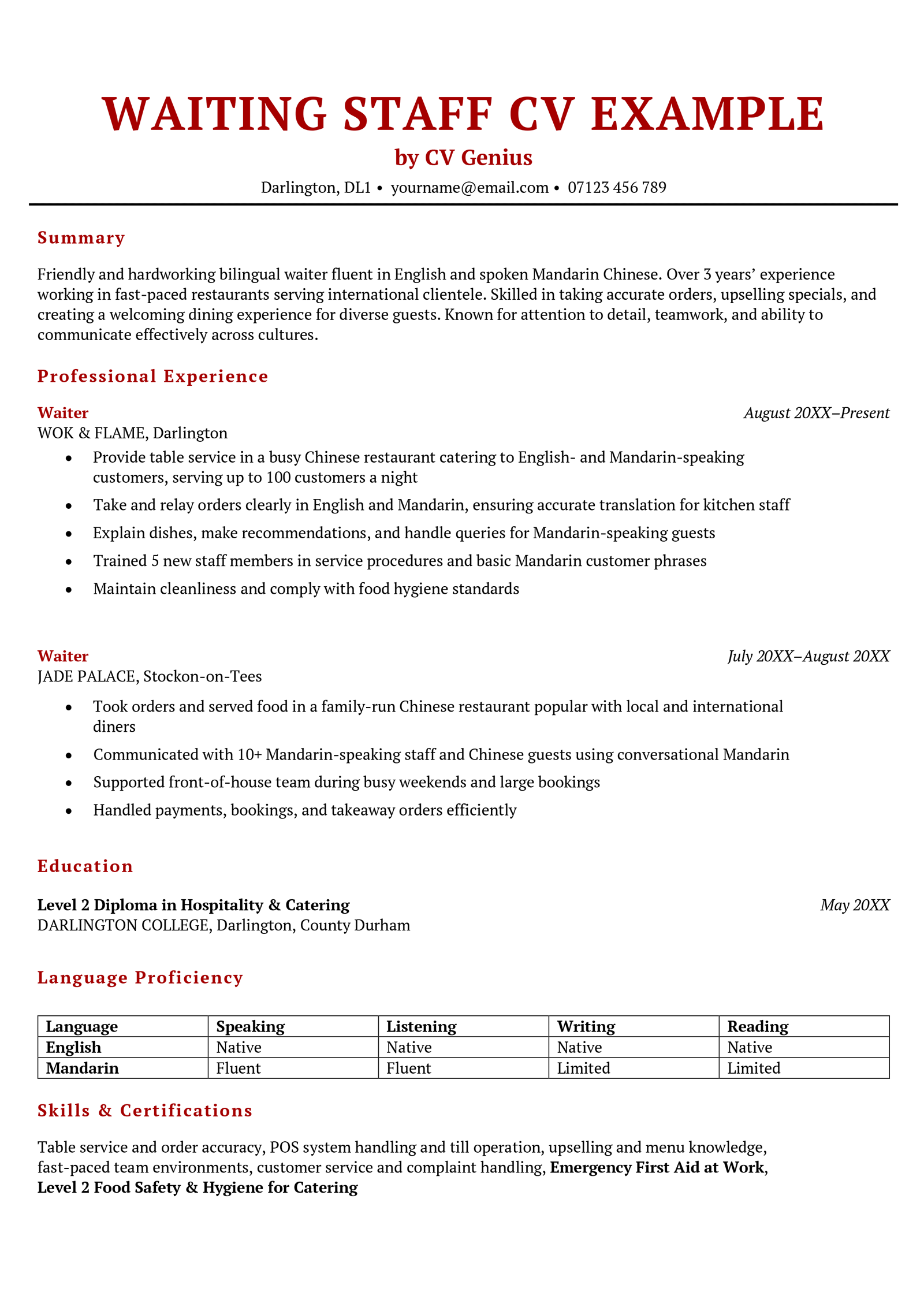 Language skills on a CV displayed in a table.