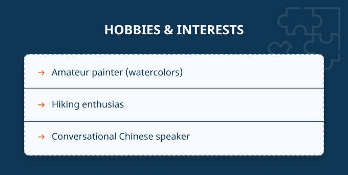 A hobbies and interests section that includes a foreign language ability (Chinese)
