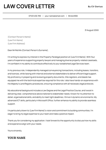 A law cover letter example for UK job seekers.