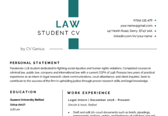 An example of a law student CV with a bold header and a layout that highlights the candidate's legal knowledge and relevant skills