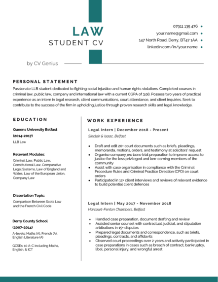 An example of a law student CV with a bold green header and a two-column layout that highlights the candidate's legal knowledge and relevant skills.