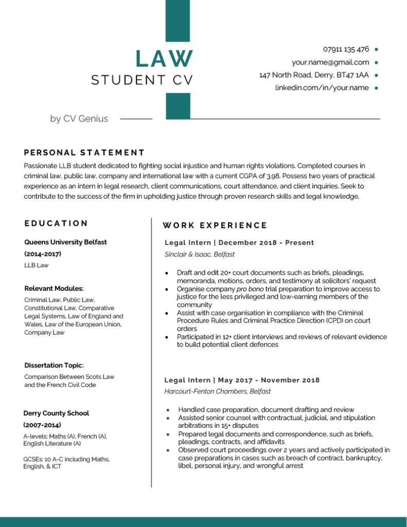 resume format for law school