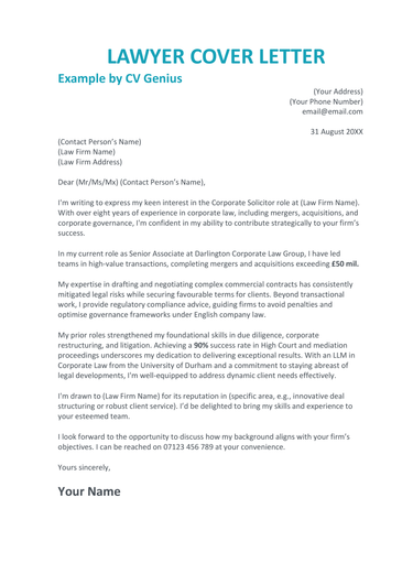 A cover letter lawyer example for UK job seekers.