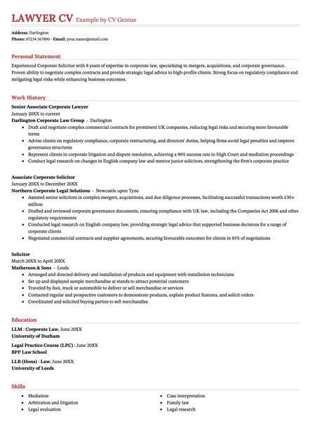 An example lawyer CV using the Cardiff template