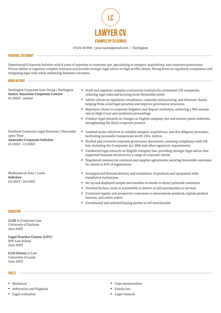 An example lawyer CV using the Chichester template