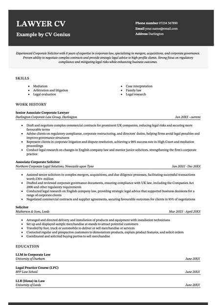 An example lawyer CV using the Wakefield template