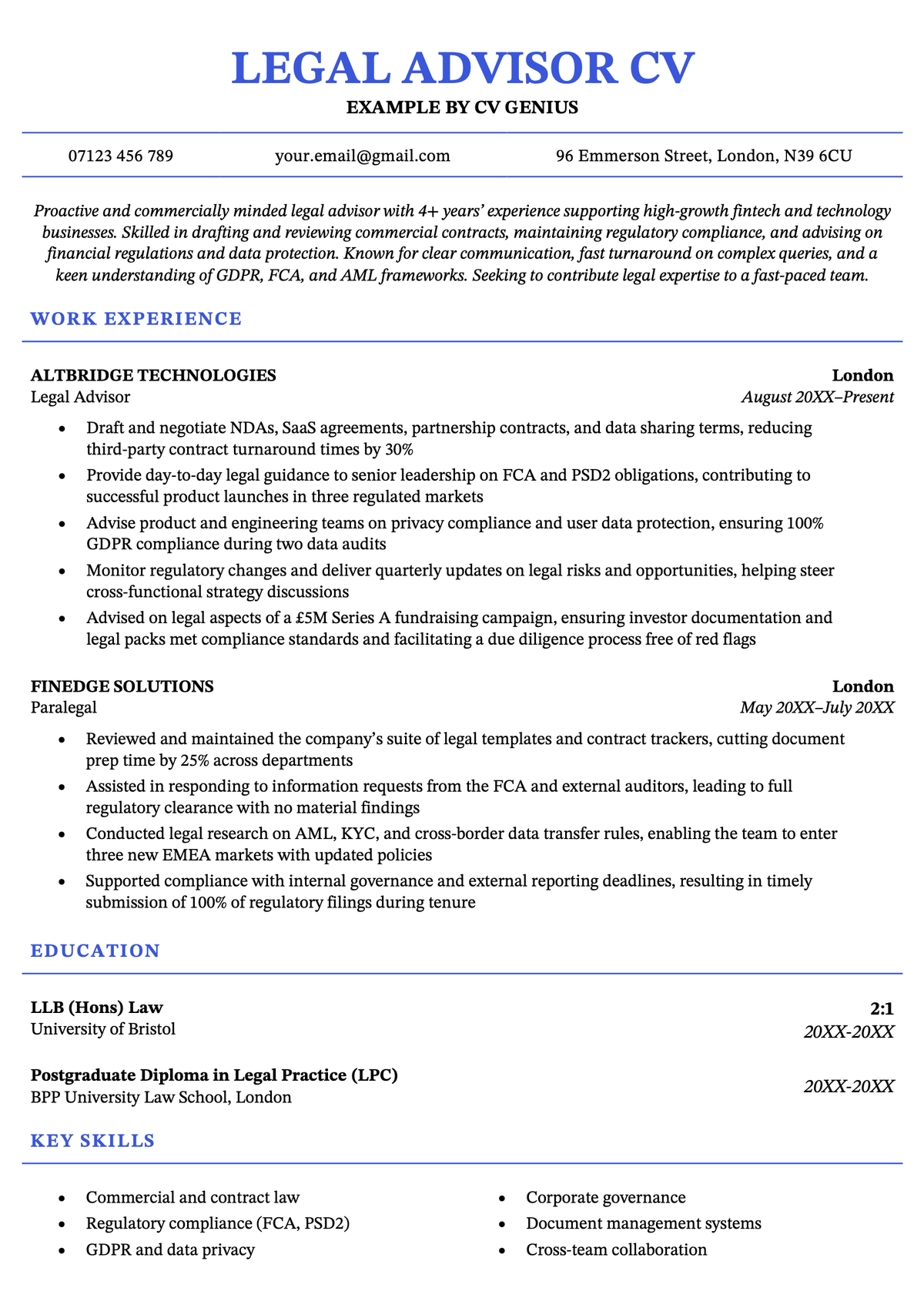 An example legal advisor CV with a blue header