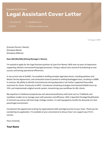 A legal assistant cover letter example for UK job seekers.