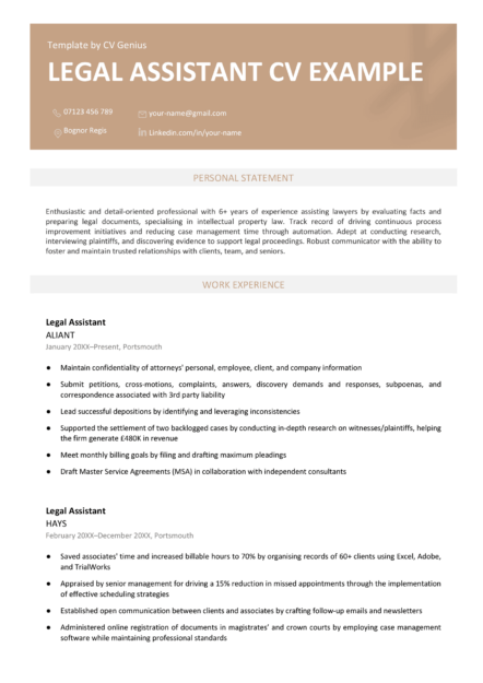 A legal assistant CV example effectively highlighting the candidate's work experience and personal statement