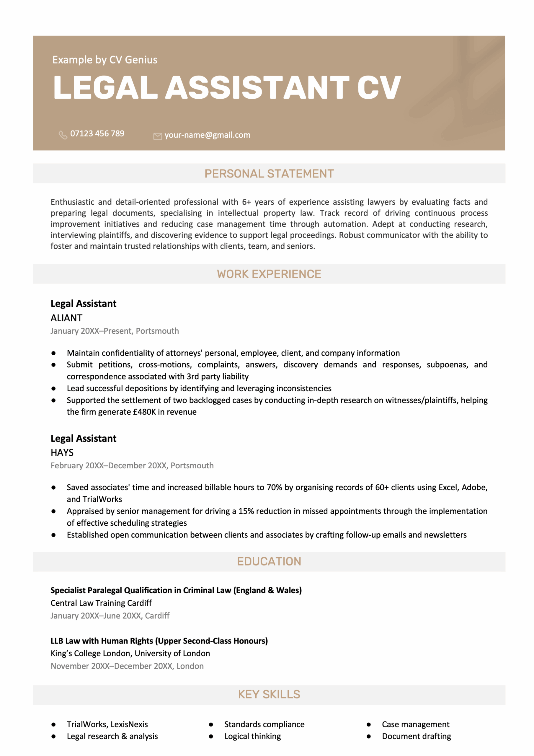 A legal assistant CV example effectively highlighting the candidate's work experience and personal statement