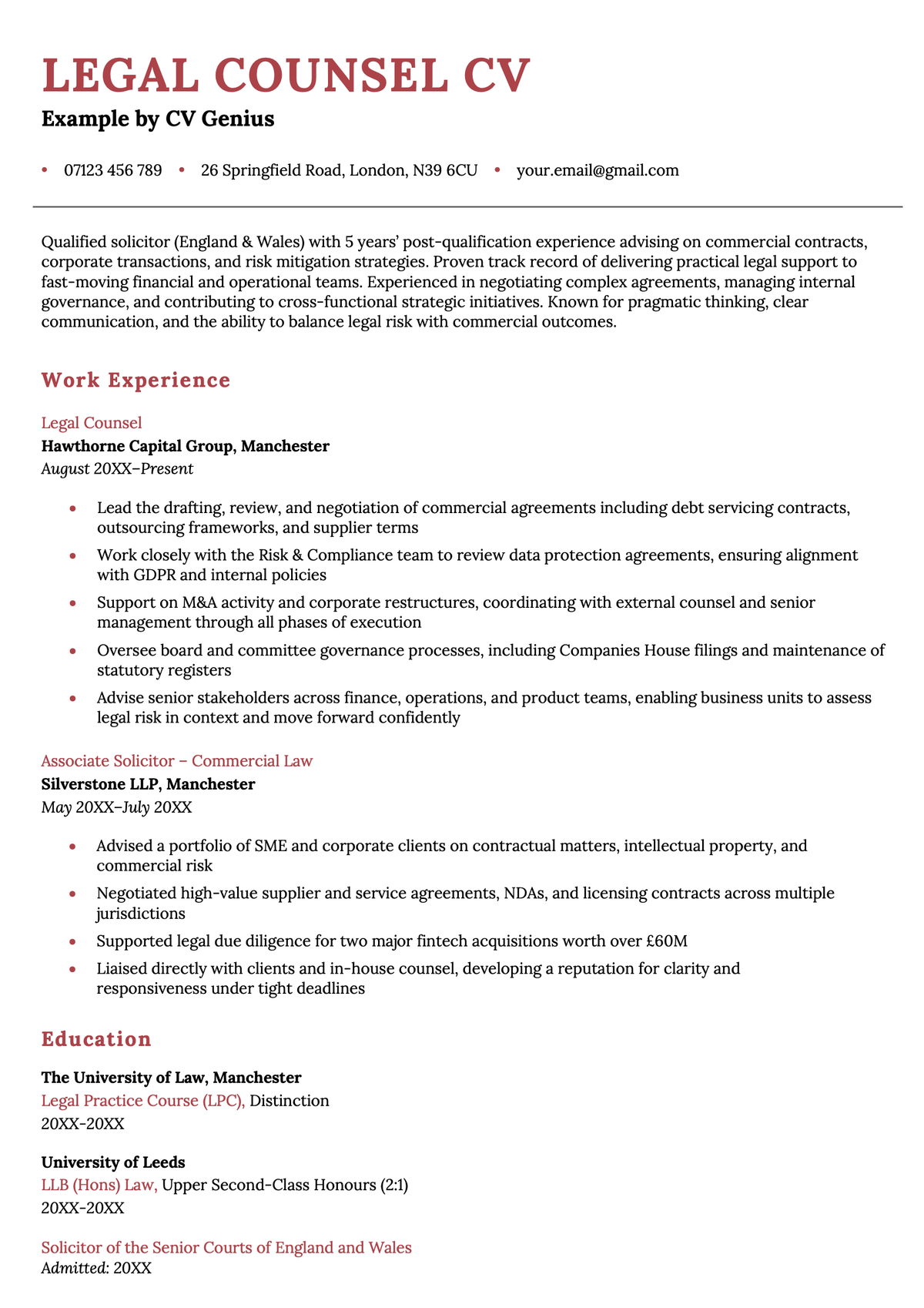An example legal counsel CV with a red header