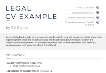 A legal CV example with the applicant's name and job title aligned on the right and their contact details aligned on the left of their CV header.