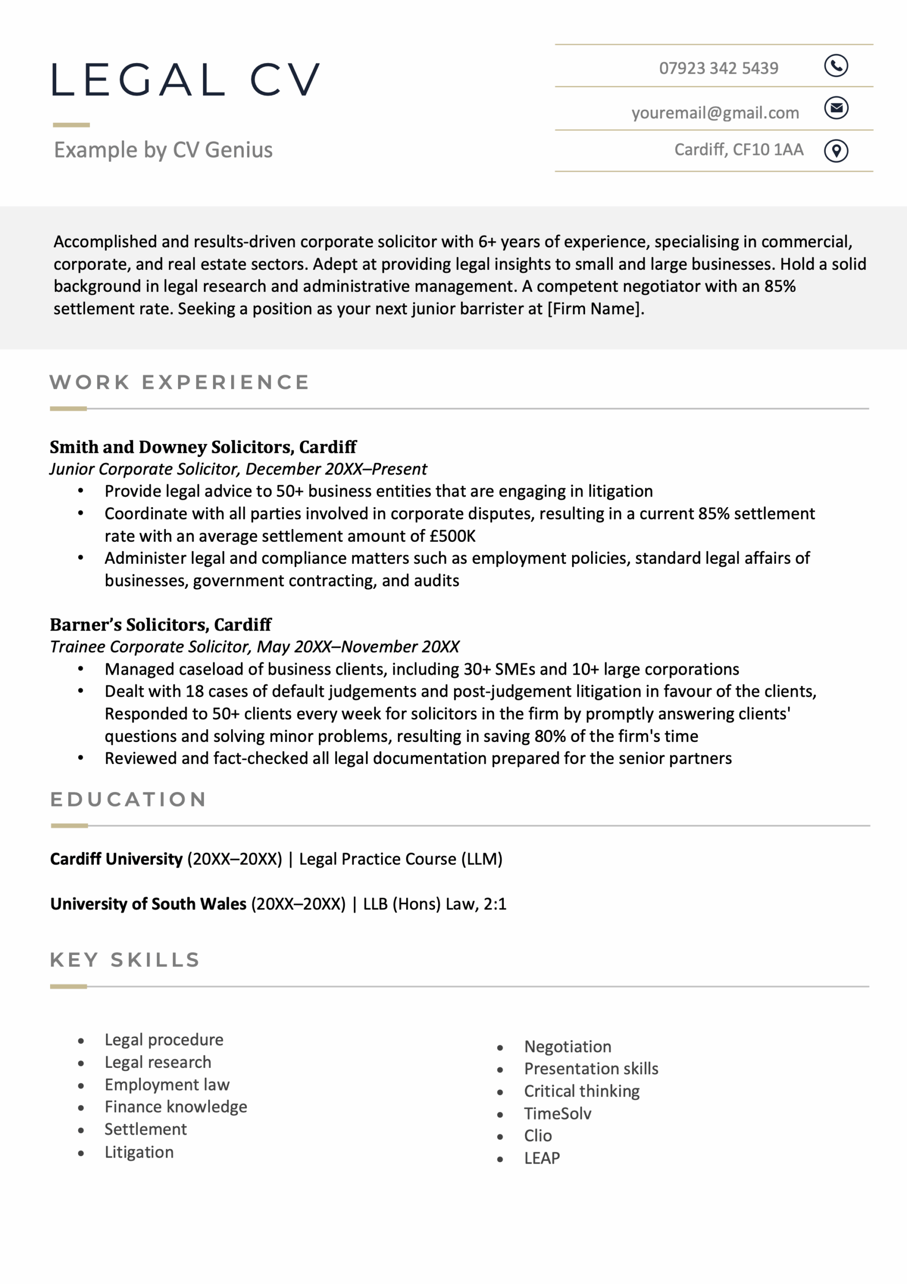 First page of a legal CV example with the applicant's name and job title aligned on the right and their contact details aligned on the left of their CV header.