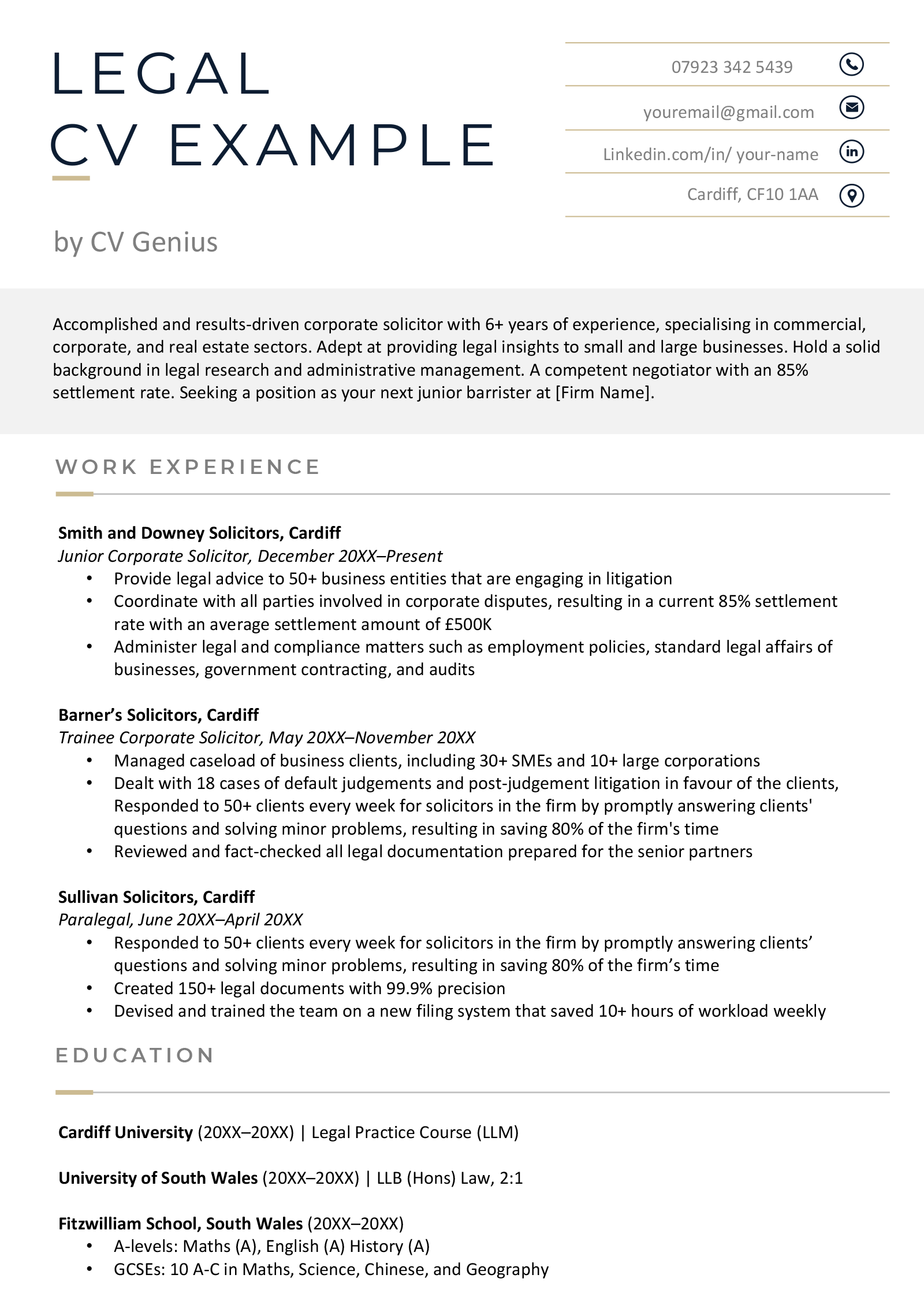 First page of a legal CV example with the applicant's name and job title aligned on the right and their contact details aligned on the left of their CV header.