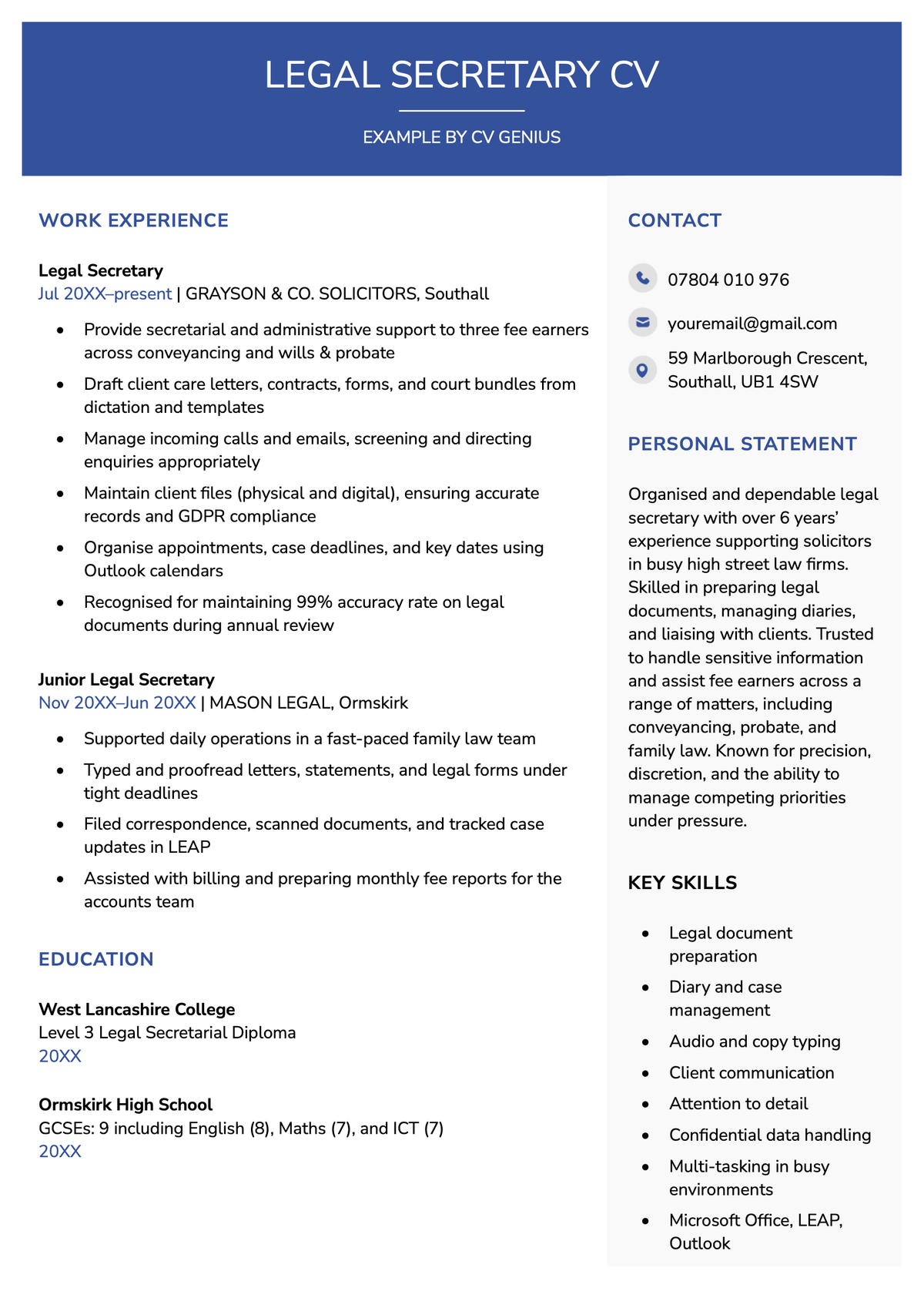 An example legal secretary CV with a navy blue header