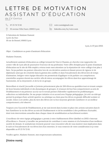 exemple d'une lettre de motivation d'assistant d'éducation avec un en-tête gris clair