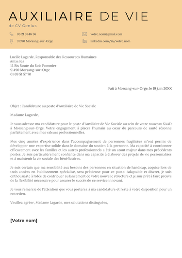 exemple d'une lettre de motivation auxiliaire de vie avec un en-tête large de couleur jaune