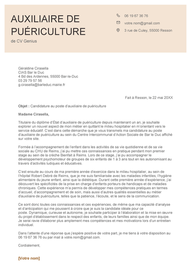 exemple d'une lettre de motivation pour auxiliaire de puériculture avec un en-tête large et clair