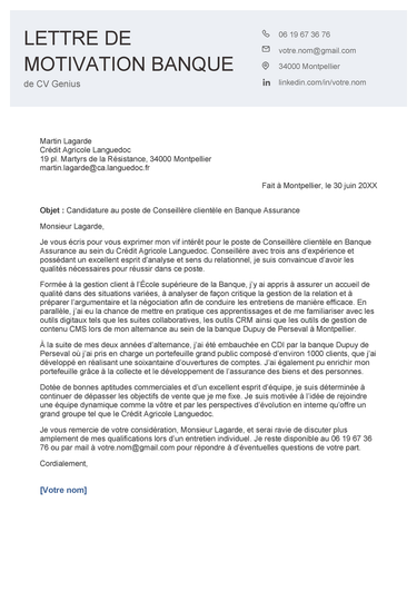 un exemple d'une lettre de motivation de banque avec un large en-tête gris clair