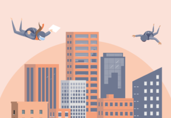 illustration de deux parachutistes tombant du ciel au-dessus de bâtiments de bureaux avec leur lettre de motivation en main