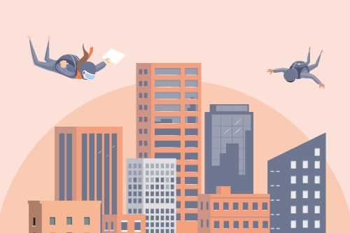 illustration de deux parachutistes tombant du ciel au-dessus de bâtiments de bureaux avec leur lettre de motivation en main