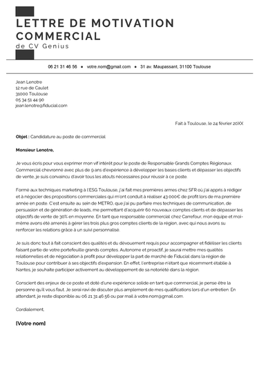 un modèle d'une lettre de motivation pour commercial avec un en-tête simple et sobre