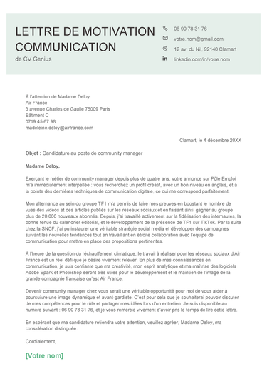 un exemple d'une lettre de motivation communication avec un en-tête vert clair