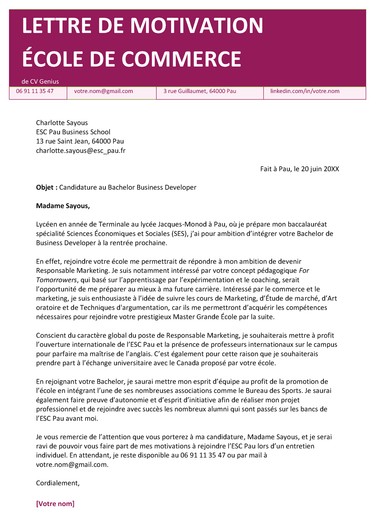 un exemple d'un modèle d'une lettre de motivation pour une école de commerce avec un-tête large de couleur bordeaux