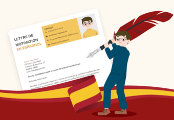 illustration aux couleurs du drapeau espagnol figurant un chercheur d'emploi écrivant sa lettre de motivation en espagnol avec une plume
