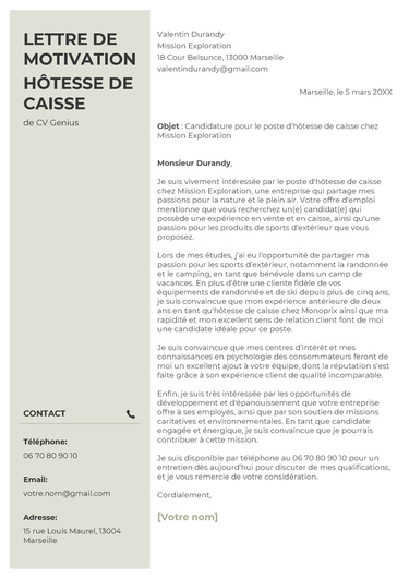 un exemple d'un modèle de deux colonnes d'une lettre de motivation hôtesse de caisse