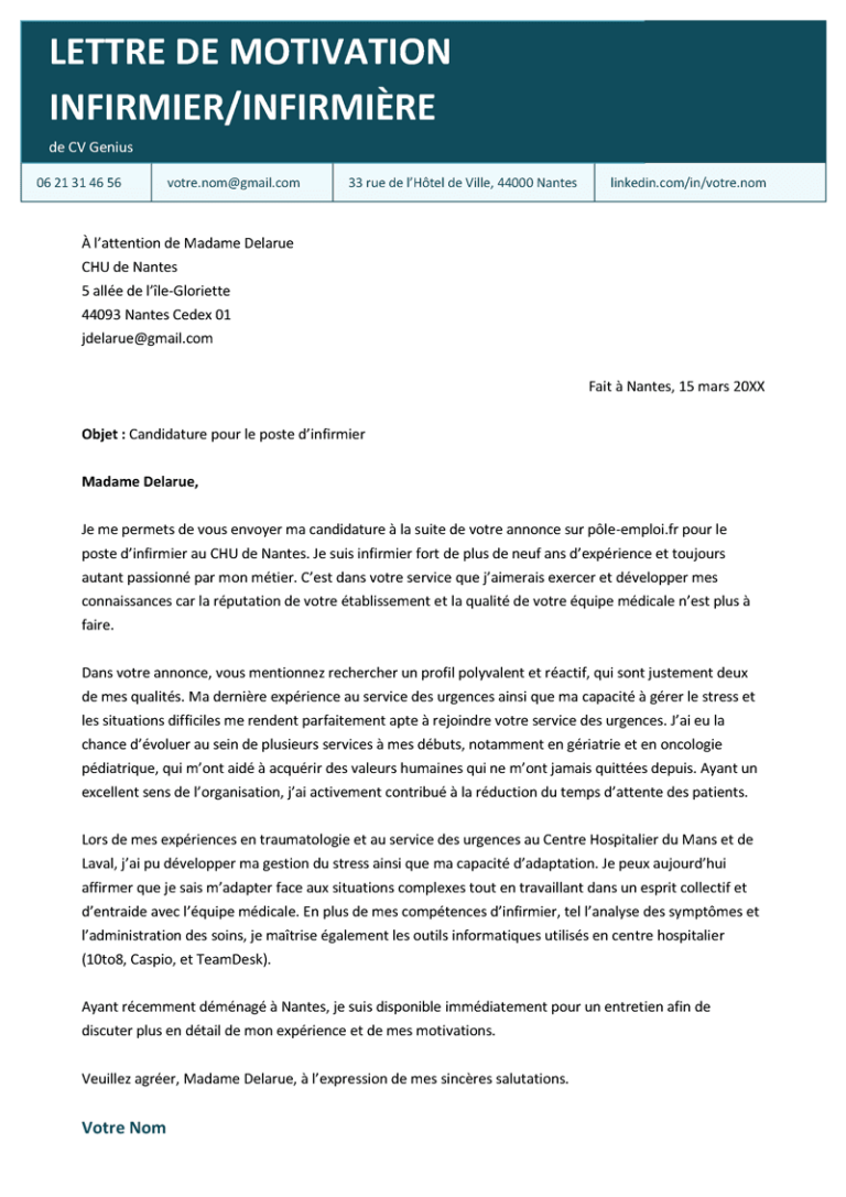 Lettre De Motivation Infirmier infirmi re Mod le Et Exemple