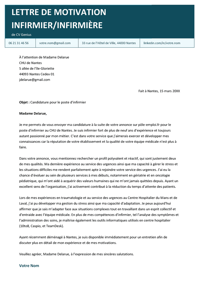 une image d'un exemple d'une lettre de motivation infirmier/infirmière avec un en-tête bleu marine
