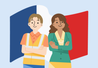 une illustration de deux employés de mairie devant un drapeau français
