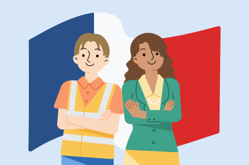 une illustration de deux employés de mairie devant un drapeau français