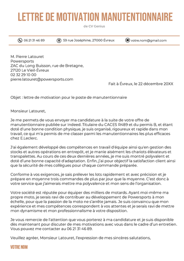 un exemple de modèle d'une lettre de motivation pour manutentionnaire