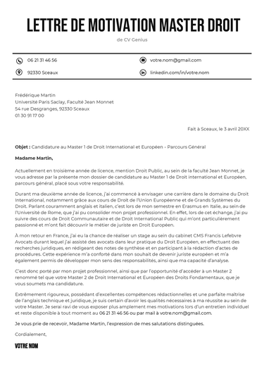 un exemple d'une lettre de motivation pour un master en droit avec un en-tête simple et sobre de couleur noir