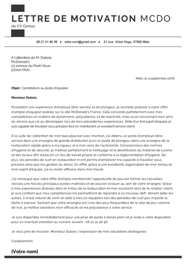 un exemple d'une lettre de motivation McDo en noir et blanc