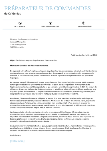 exemple d'une lettre de motivation pour un préparateur de commandes avec un en-tête bleu clair