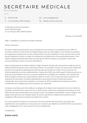 exemple de modèle d'une lettre de motivation de secrétaire médicale avec un large en-tête gris clair