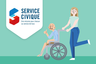 une illustration d'une jeune volontaire de service civique accompagnant un senior en fauteuil roulant avec un fond vert et le logo du service civique affiché en haut à gauche