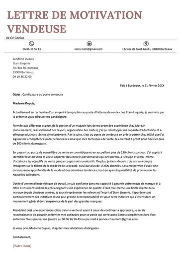 exemple d'un modèle d'une lettre de motivation pour vendeuse