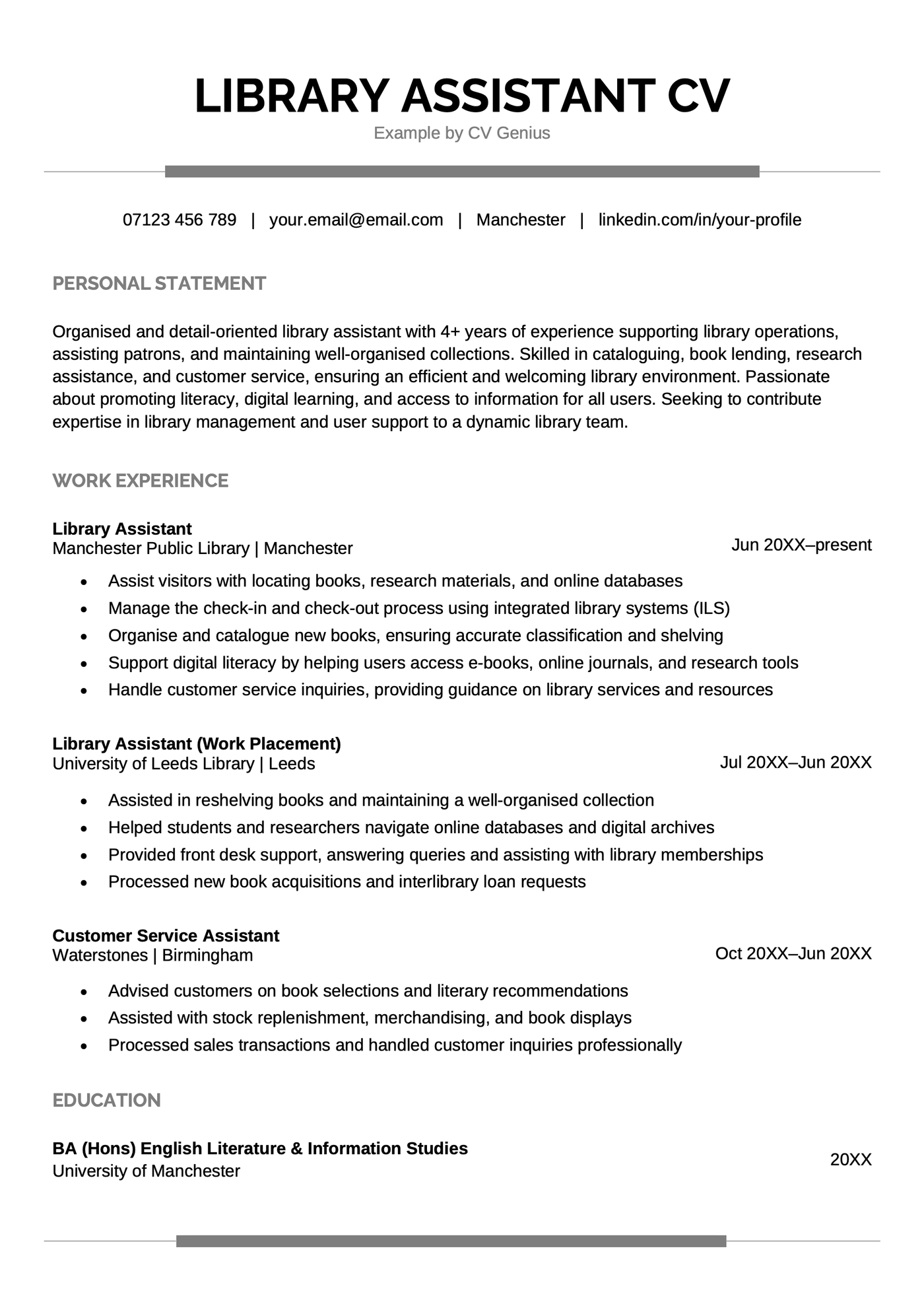 A library assistant CV example.