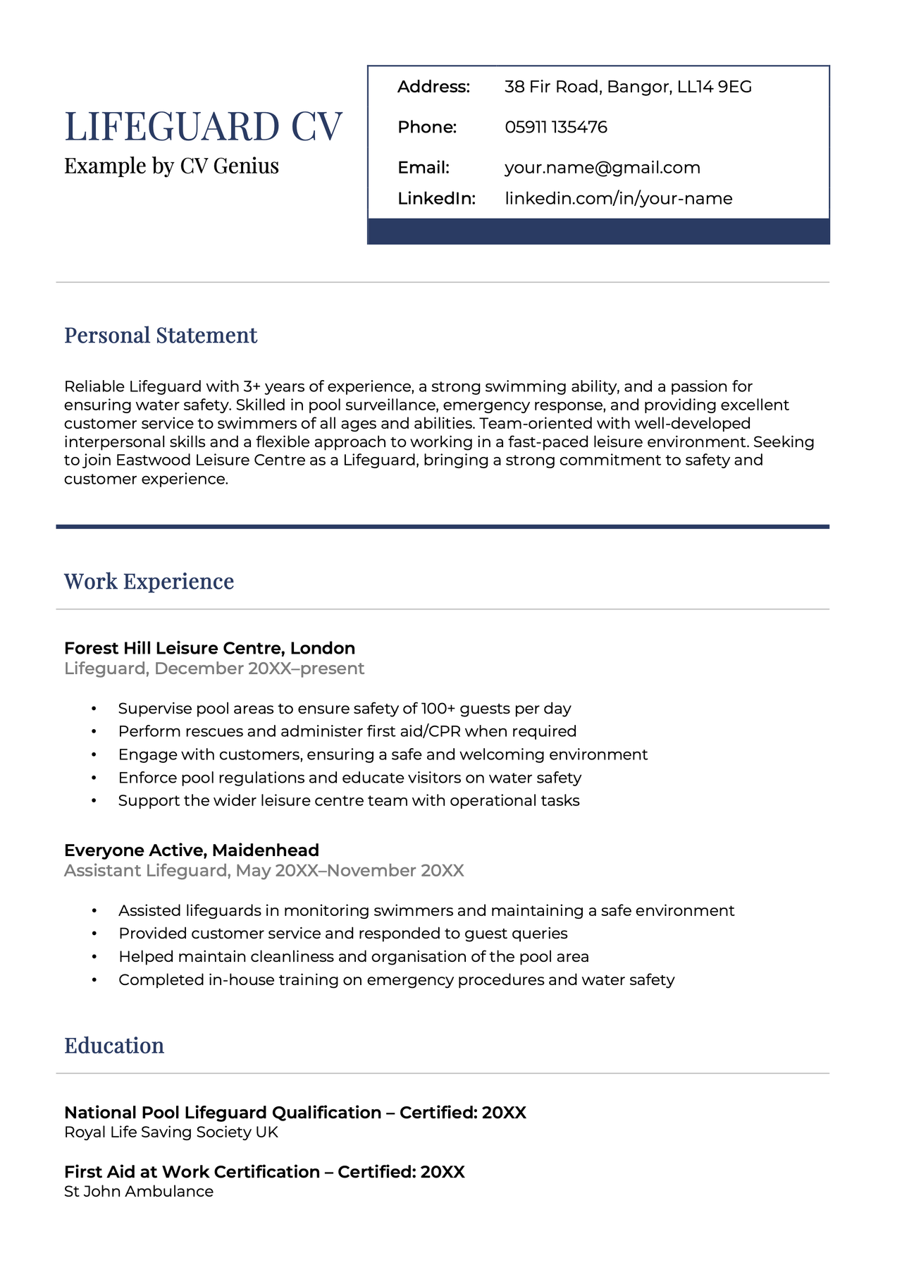 The first page of a lifeguard CV example.