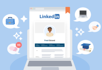 une représentation d'un LinkedIn CV par l'affichage d'une page de profil LinkedIn sur un ordinateur entouré d'éléments graphiques représentant l'expérience professionnelle, la formation, les compétences, et l'engagement sur la plateforme.