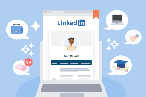 une représentation d'un LinkedIn CV par l'affichage d'une page de profil LinkedIn sur un ordinateur entouré d'éléments graphiques représentant l'expérience professionnelle, la formation, les compétences, et l'engagement sur la plateforme.