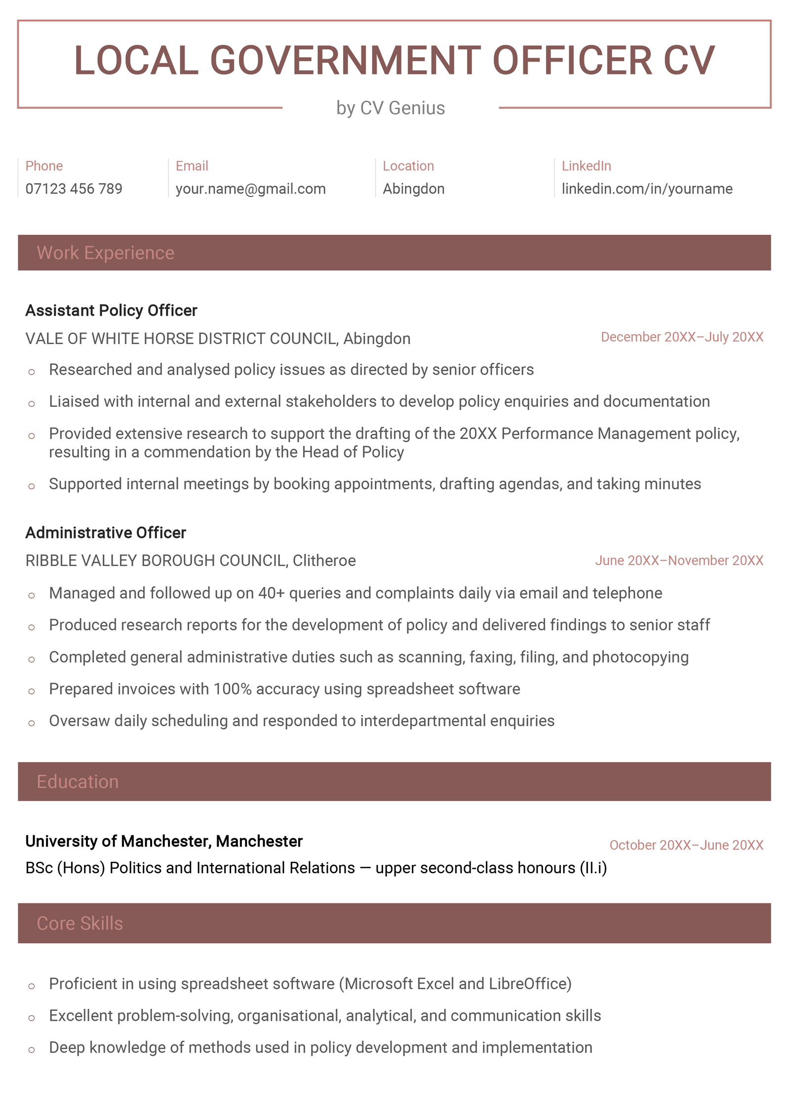 A local government officer CV example.