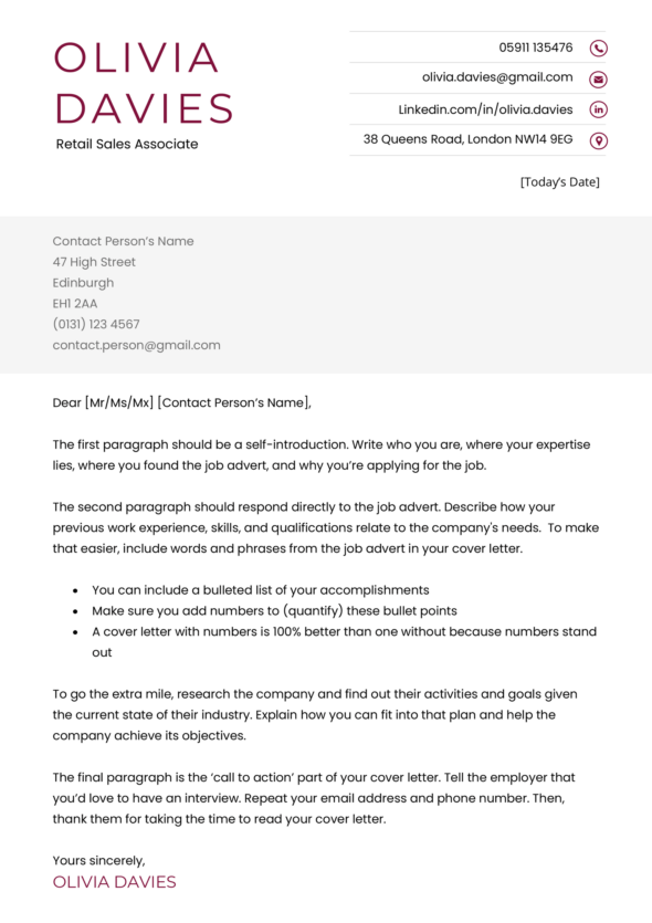 The London cover letter template in maroon.