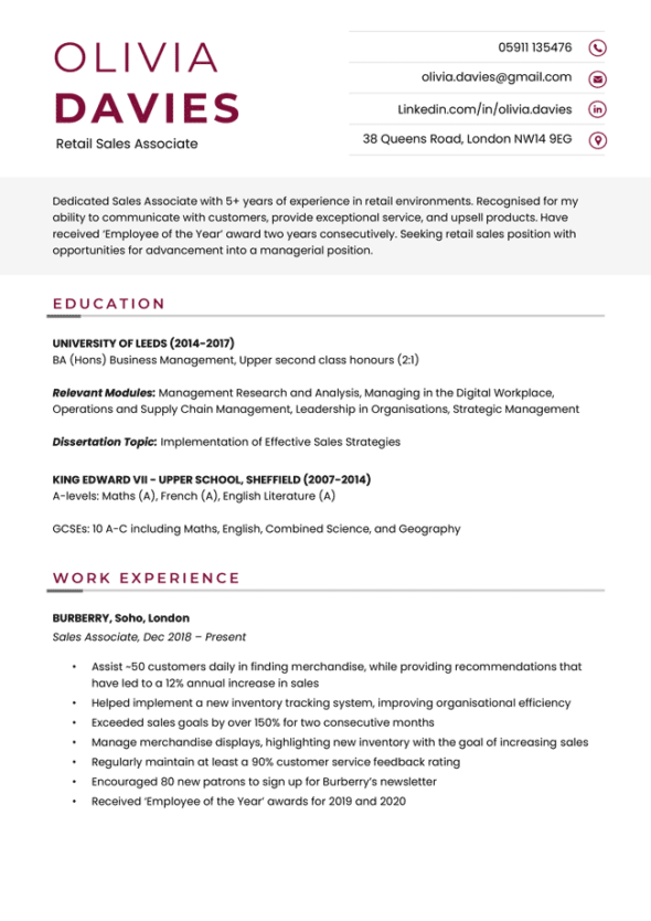 The first page of the London CV template in burgundy.