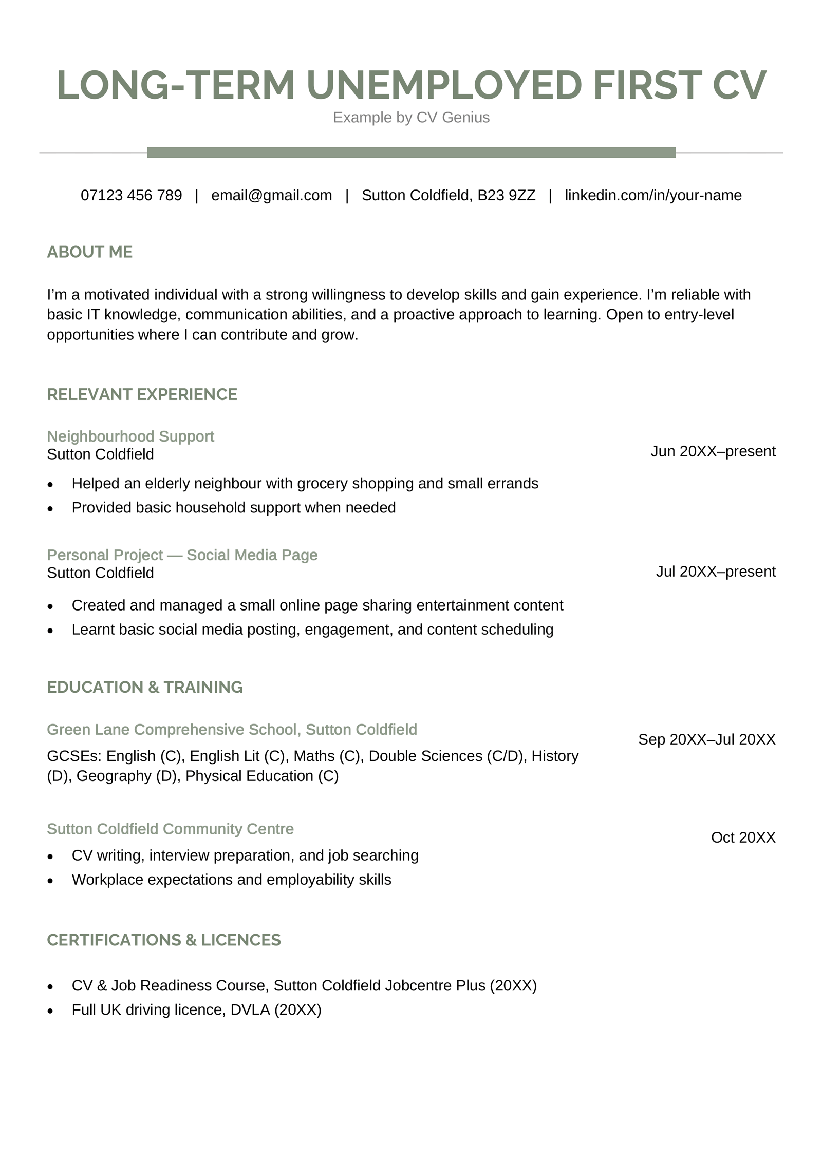 A good CV example for a first job targeting the long-term unemployed.